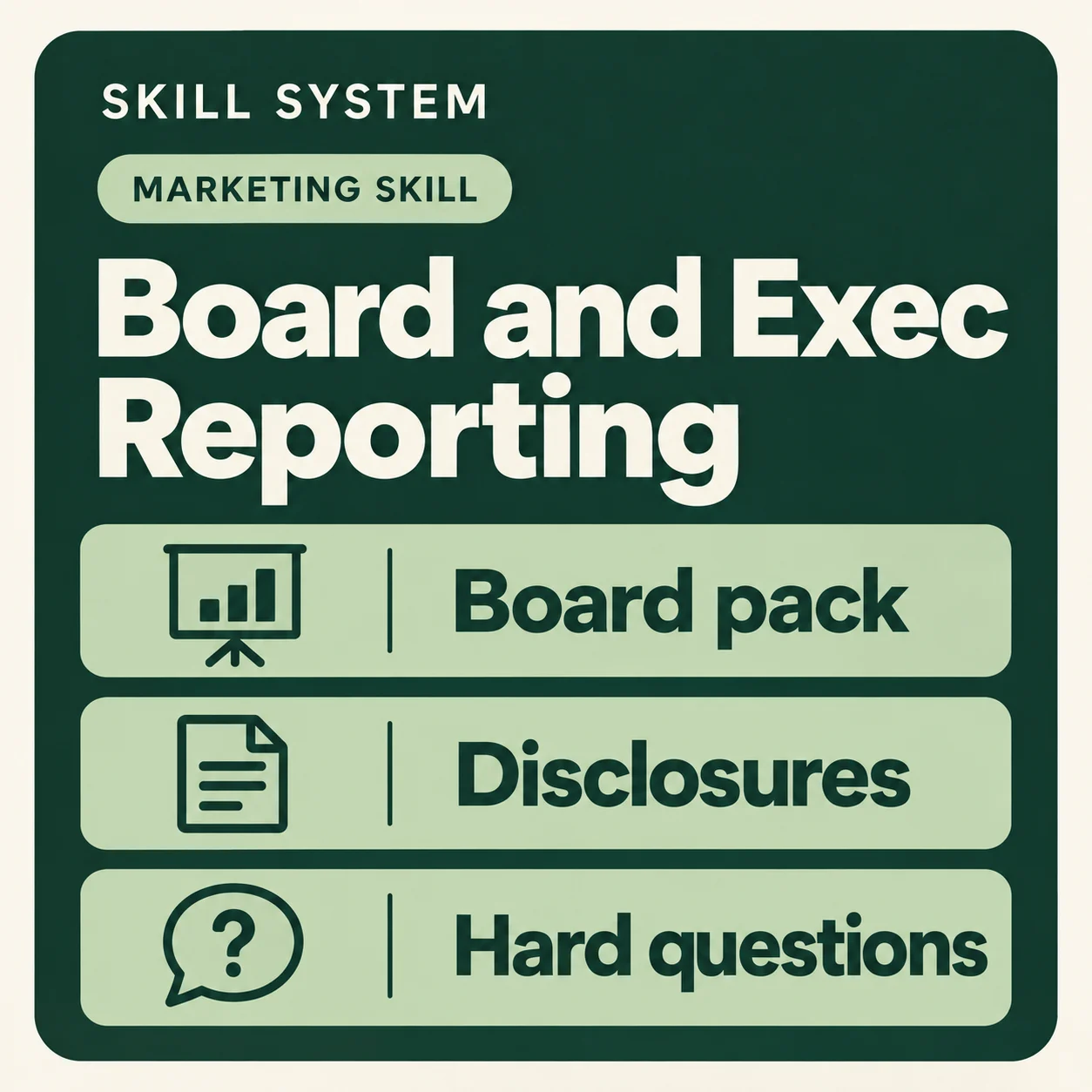 Board and Exec Reporting — toolkit card: Board pack, Disclosures, Hard questions
