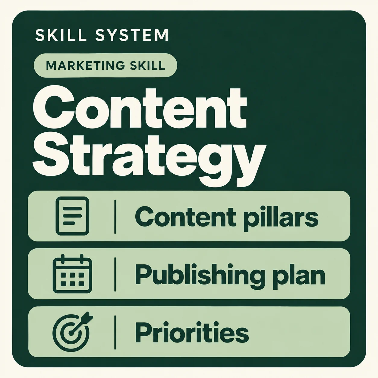 Content Strategy — toolkit card: Content pillars, Publishing plan, Priorities