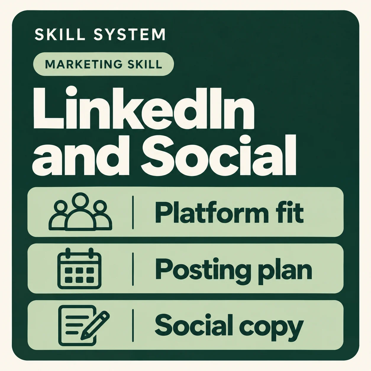 LinkedIn and Social — toolkit card: Platform fit, Posting plan, Social copy