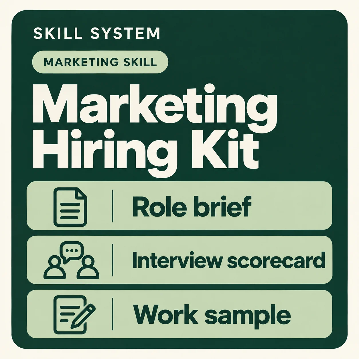 Marketing Hiring Kit — toolkit card: Role brief, Interview scorecard, Work sample