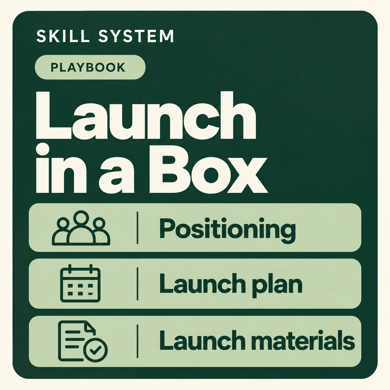 Launch in a Box — toolkit card: Positioning, Launch plan, Launch materials