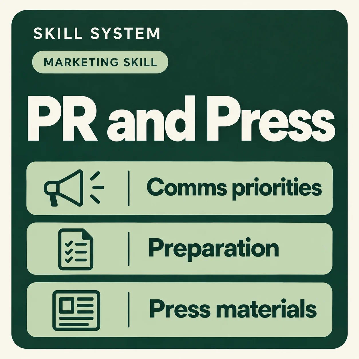 PR and Press — toolkit card: Comms priorities, Preparation, Press materials